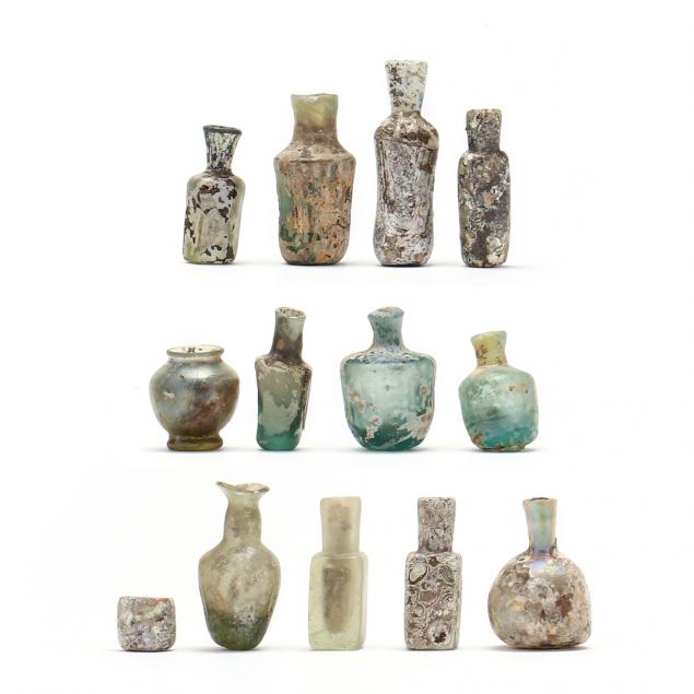 twelve-very-small-roman-style-glass-bottles-and-jars