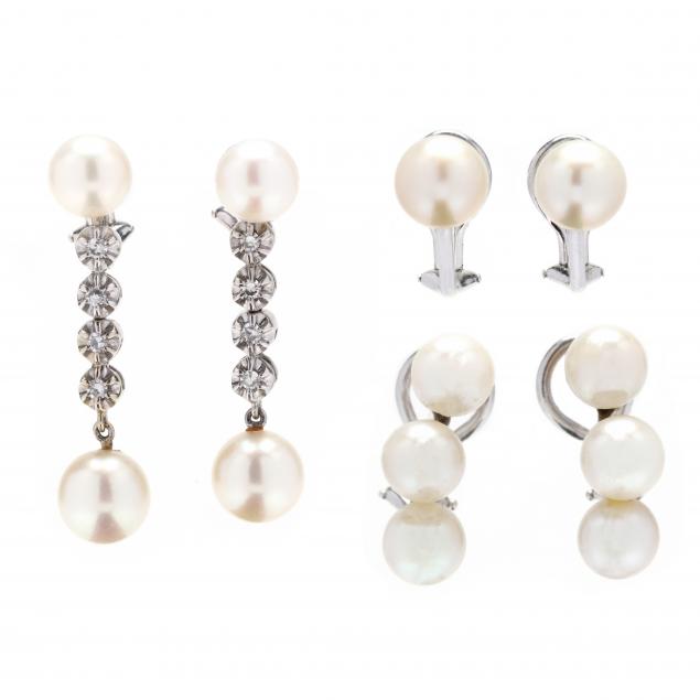 three-pairs-of-white-gold-and-pearl-earrings