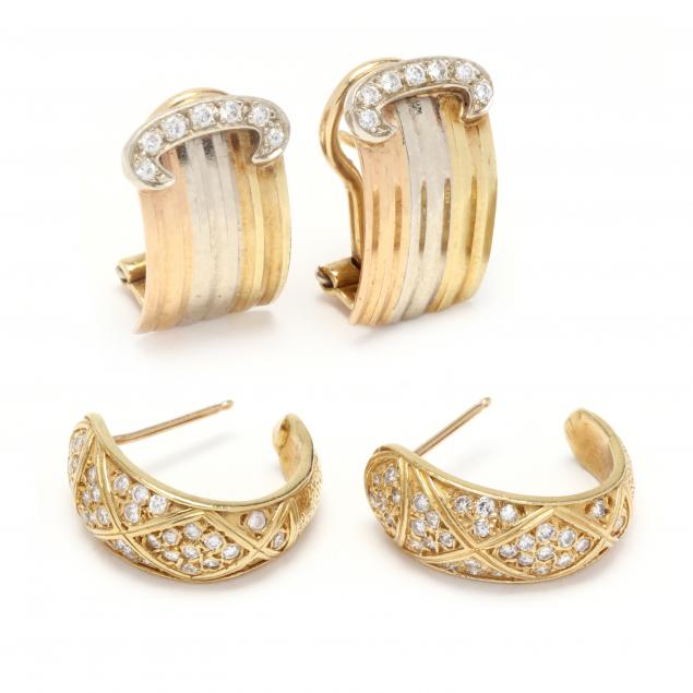 two-pairs-of-gold-and-diamond-earrings