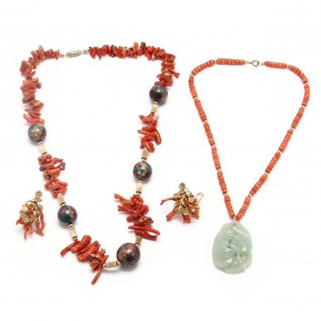 two-coral-necklaces-and-a-pair-of-coral-earrings