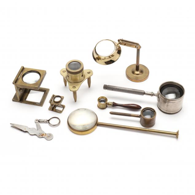 a-collection-of-nine-antique-english-pocket-microscopes-and-magnifiers