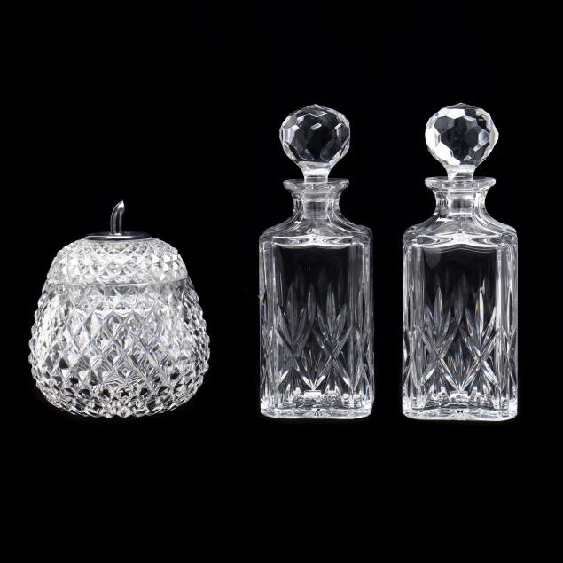 pair-of-tiffany-crystal-decanters-and-silver-mounted-jar
