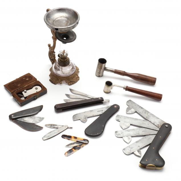 a-collection-of-19th-century-fleams-gun-powder-measures-and-medicinal-vaporizer