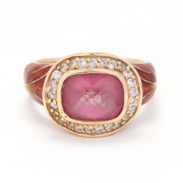 gold-pink-tourmaline-diamond-and-enamel-ring