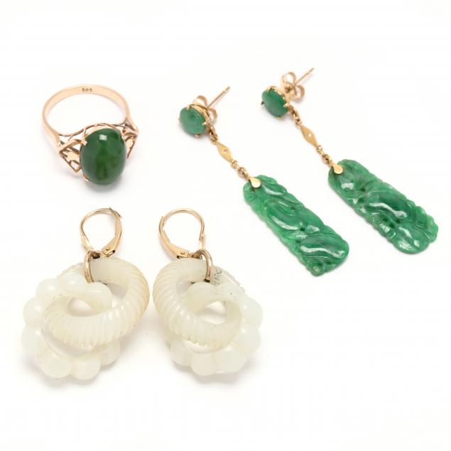 two-pairs-of-carved-stone-earrings-and-a-gold-and-nephrite-ring