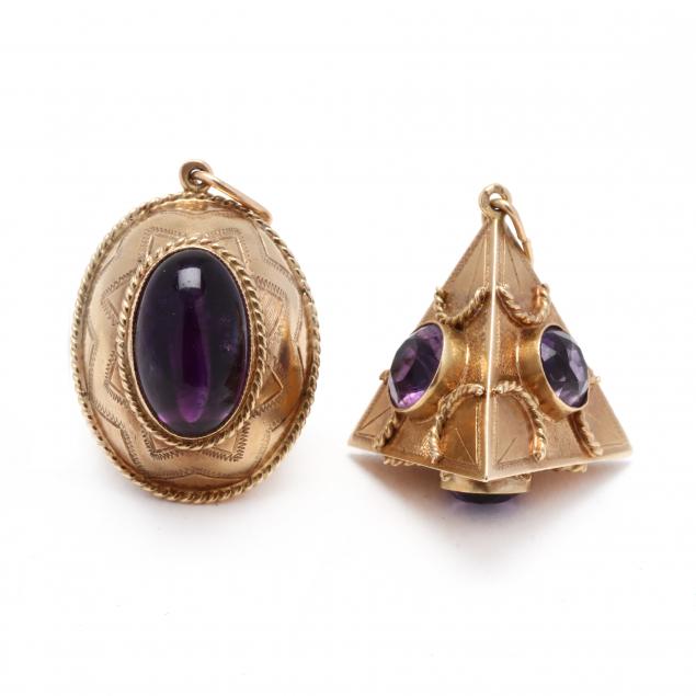 two-vintage-etruscan-style-gold-and-amethyst-charms