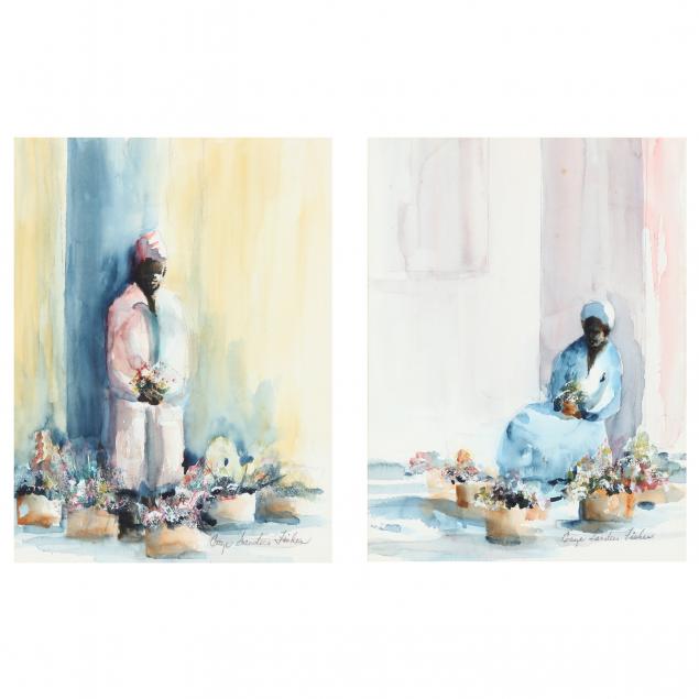 gaye-sanders-fisher-american-20th-21st-century-two-flower-seller-watercolors