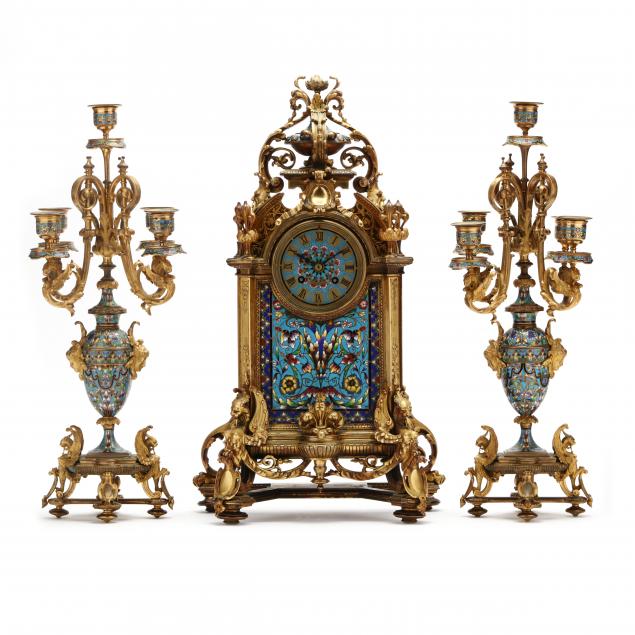 antique-french-cloisonne-and-ormolu-three-piece-clock-garniture