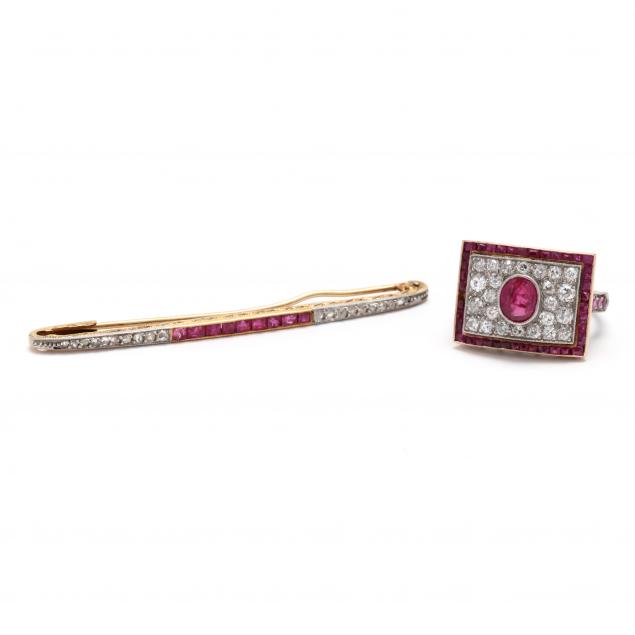 antique-gold-ruby-and-diamond-ring-and-bar-brooch