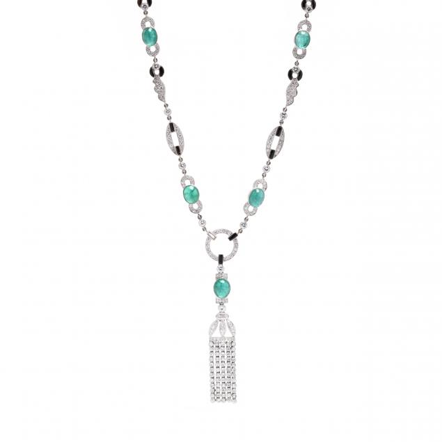 white-gold-diamond-emerald-and-black-onyx-tassel-necklace