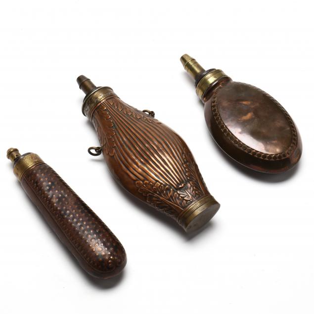 three-early-copper-gun-powder-flasks
