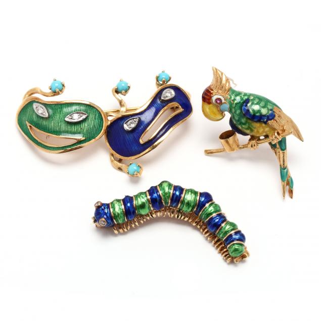 three-gold-and-enamel-whimsical-brooches