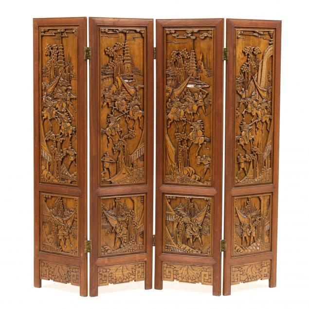 chinese-carved-hardwood-four-panel-floor-screen