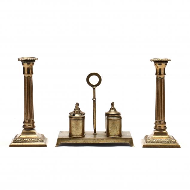 georgian-brass-standish-and-pair-of-fluted-candlesticks