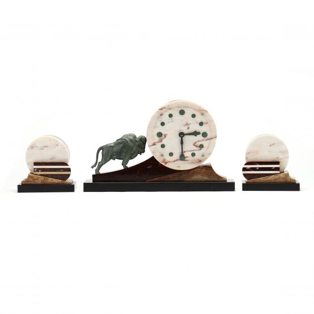 an-art-deco-hardstone-and-metal-clock-garniture