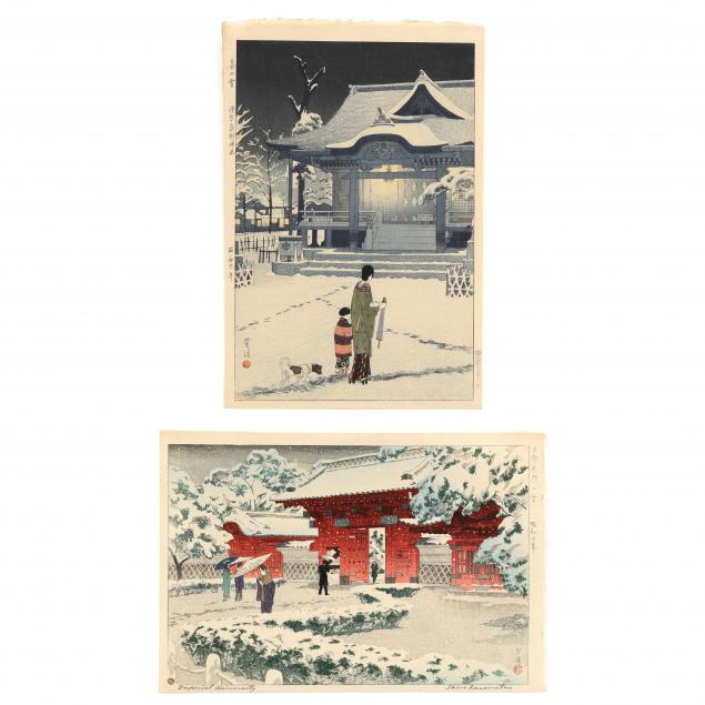 shiro-kasamatsu-japanese-1898-1991-two-woodblock-prints-with-snow