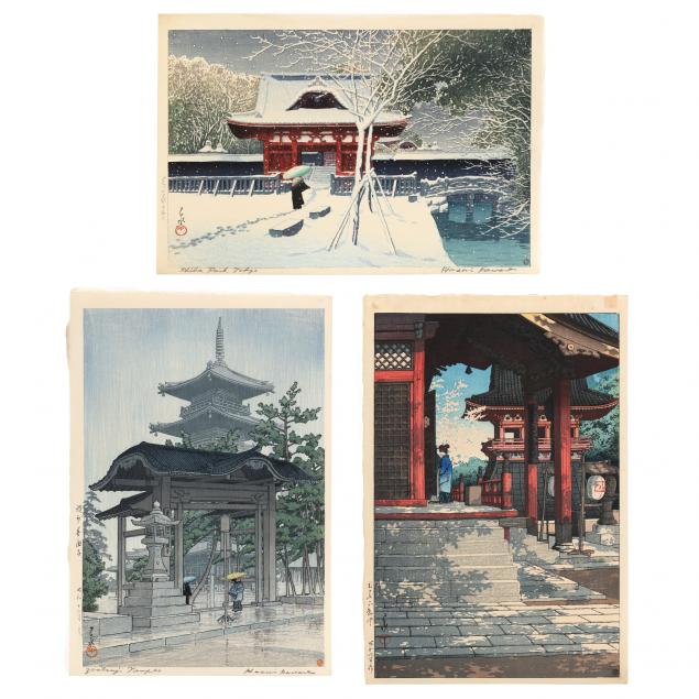 hasui-kawase-japanese-1883-1957-three-woodblock-prints-of-temples