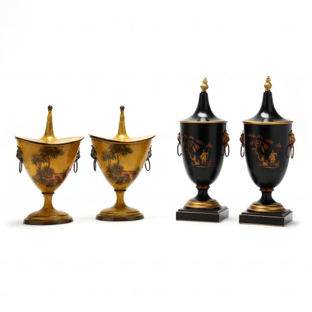 two-pairs-of-decorative-continental-toleware-urns-with-covers