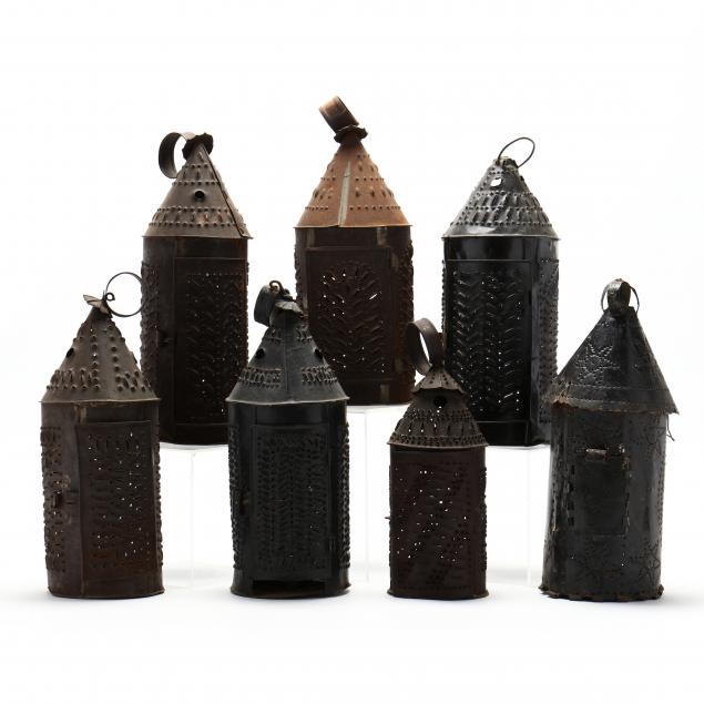 a-collection-of-seven-antique-american-punch-tin-lanterns