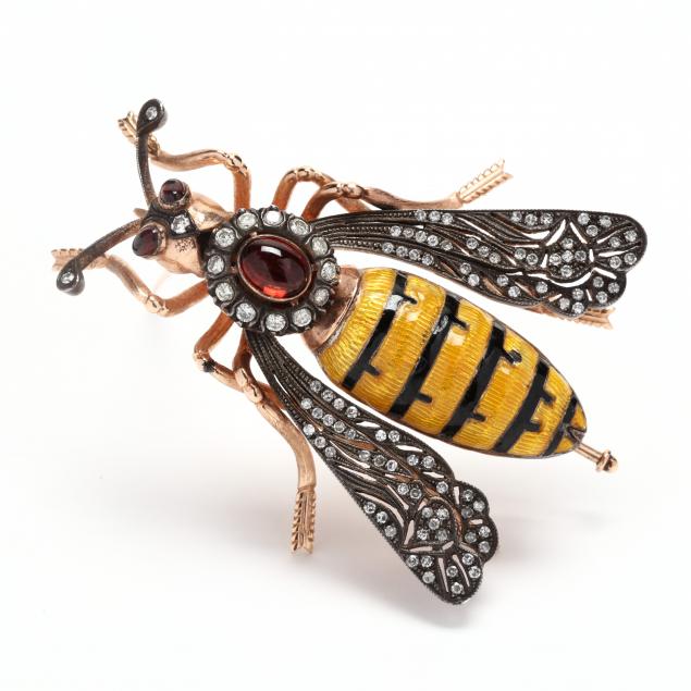 gold-silver-topped-gold-enamel-and-gem-set-bee-brooch