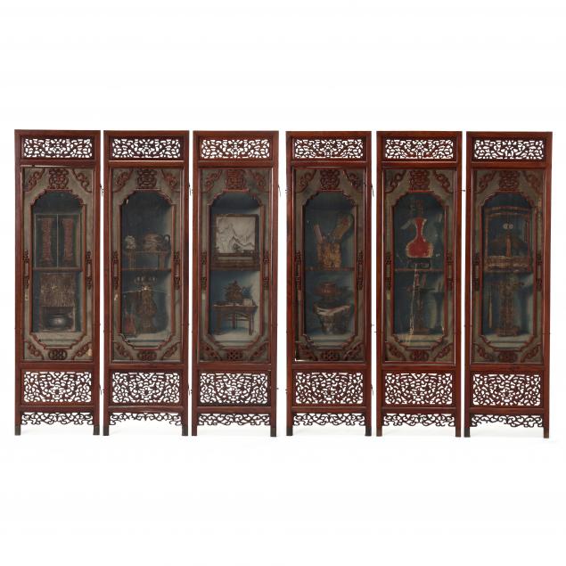 a-rare-chinese-six-panel-carved-wooden-screen-with-still-life-paintings