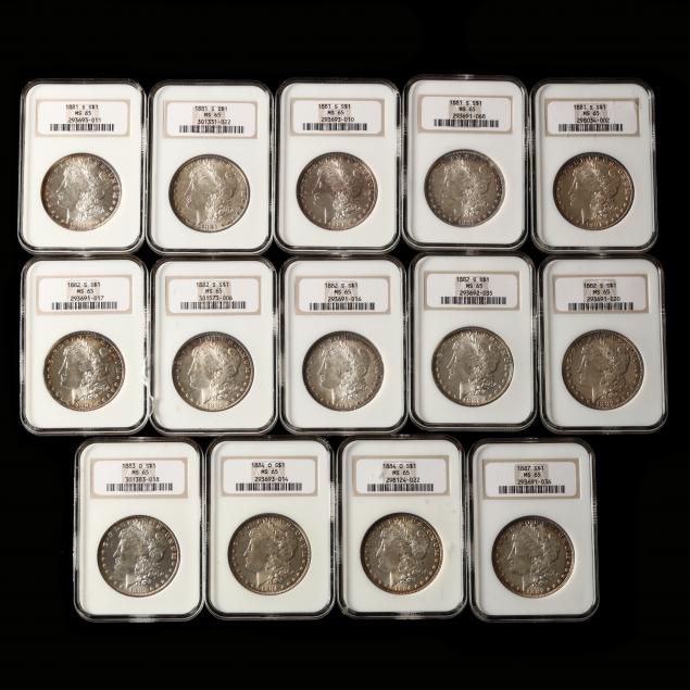 fourteen-ngc-ms65-morgan-silver-dollars