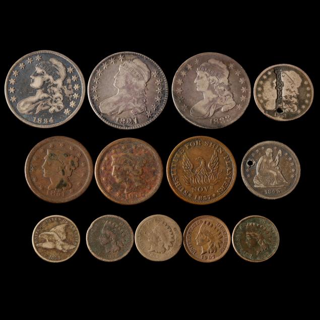 united-states-coin-grouping-1821-1907-with-rare-counter-stamped-quarter