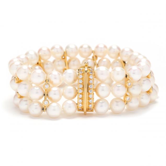 Triple Strand Pearl and Diamond Bracelet with Diamond Set Clasp (Lot 50 ...