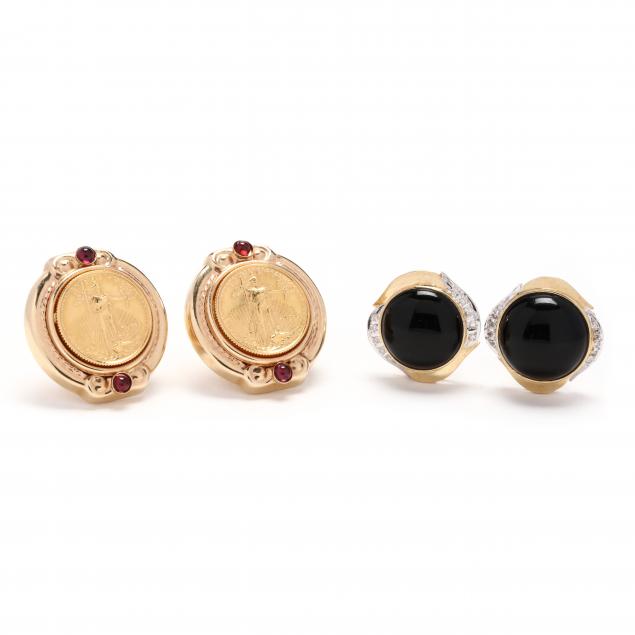 two-pairs-gold-and-gem-set-earrings