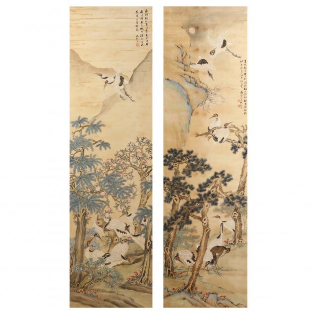 two-chinese-paintings-of-red-crest-cranes-with-auspicious-symbols