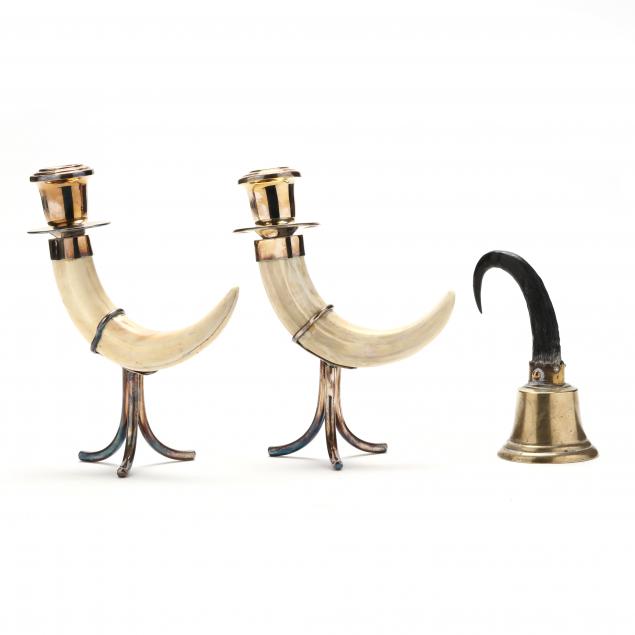 pair-of-tusk-candlesticks-and-a-horn-handled-table-bell