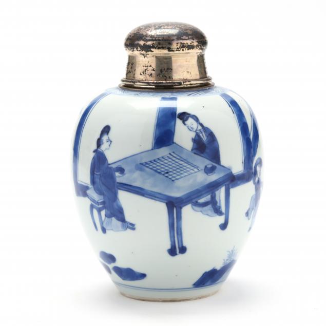 a-chinese-porcelain-blue-and-white-tea-caddy-with-silver-cover
