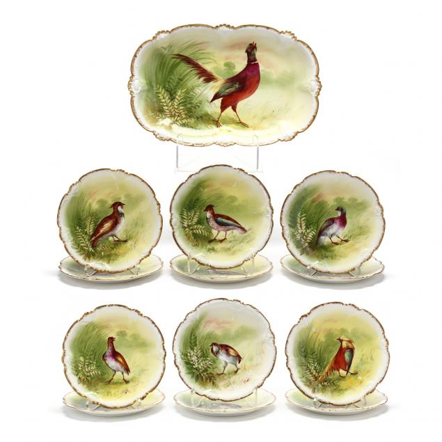 limoges-painted-porcelain-game-bird-platter-and-twelve-plates