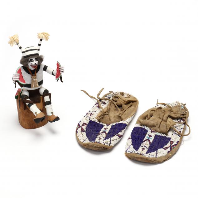 pair-of-native-american-beaded-moccasins-and-a-kachina-doll