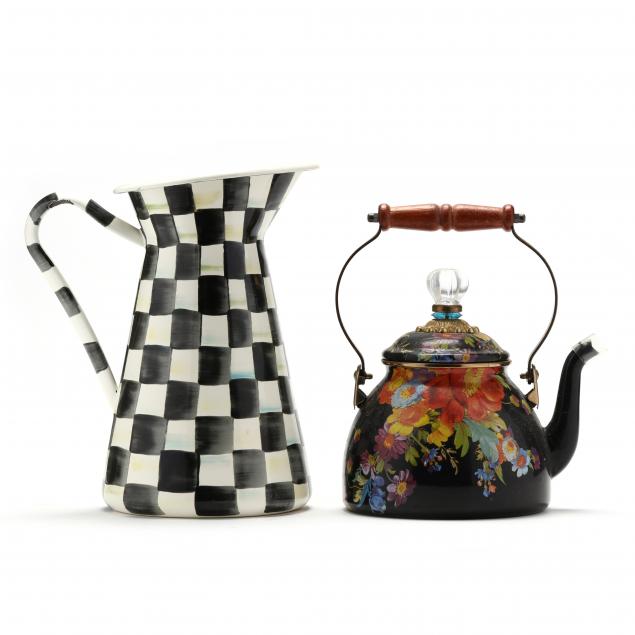 mackenzie-childs-enamel-tea-kettle-and-pitcher