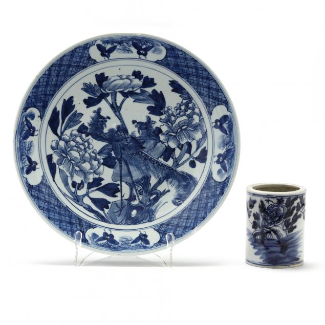 chinese-porcelain-blue-and-white-charger-with-peonies-and-phoenix-and-brush-pot