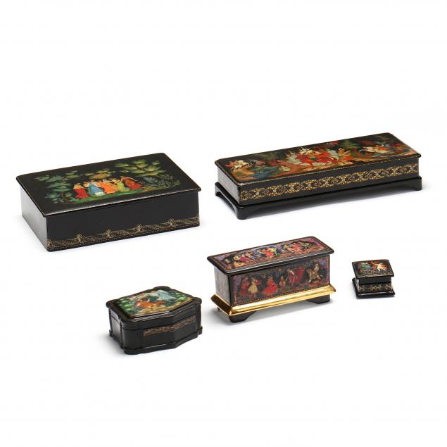 four-vintage-russian-laquerware-boxes-and-a-porcelain-music-box