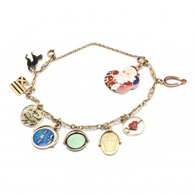 retro-gold-charm-bracelet-with-gold-and-enamel-decorated-charms
