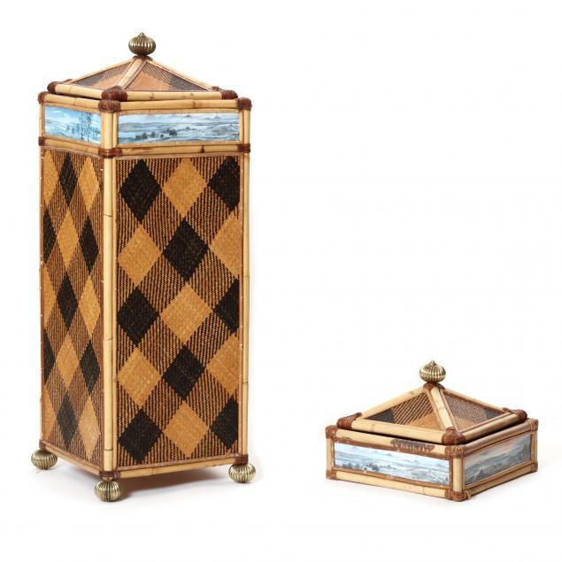 two-mackenzie-childs-woven-and-paint-decorated-bins