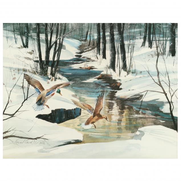 howard-connolly-american-1903-1990-printed-scene-of-mallards-landing-in-winter-wood