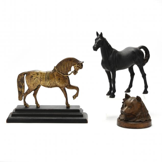 two-cast-metal-models-of-horses-and-fox-head-box