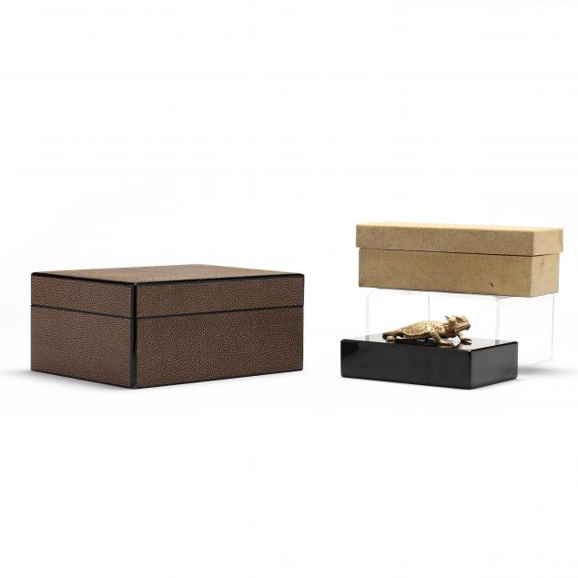 two-contemporary-designer-shagreen-boxes-and-a-gilt-lizard