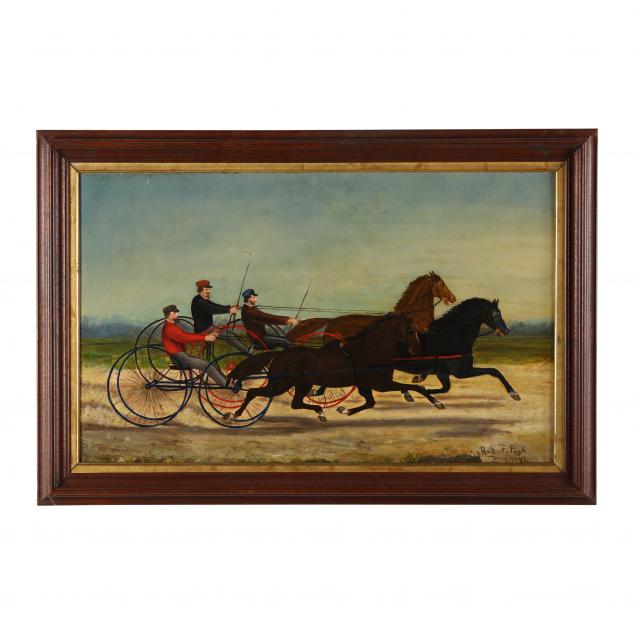 rod-f-pugh-american-late-19th-century-three-trotters-pulling-men-in-sulkies