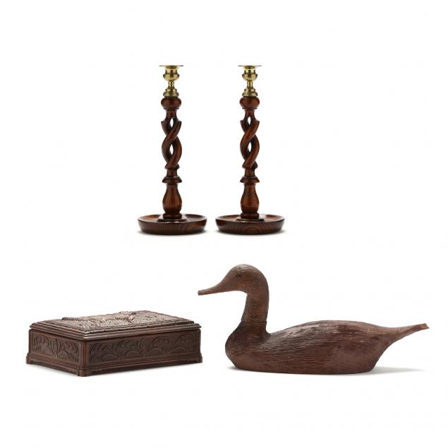 a-pair-of-barley-twist-candlesticks-carved-decoy-and-figural-box