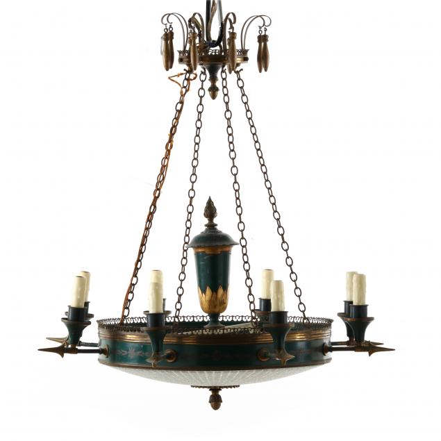 neoclassical-style-green-toleware-twelve-light-chandelier