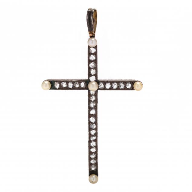 antique-silver-topped-gold-pearl-and-diamond-cross-pendant