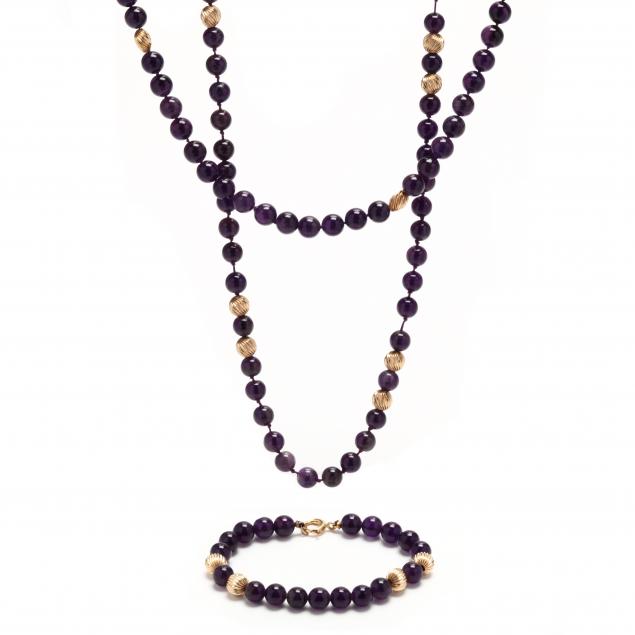two-amethyst-bead-and-gold-necklaces-and-an-amethyst-and-gold-bracelet