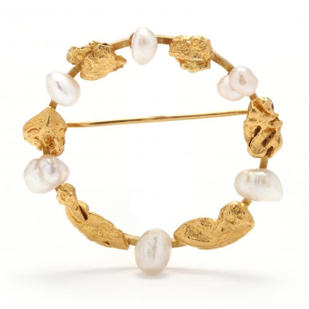 gold-nugget-and-pearl-circle-brooch