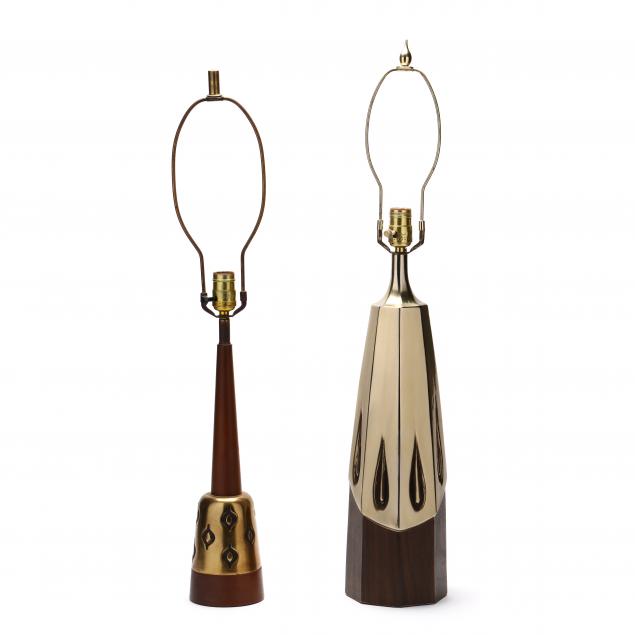 two-mid-century-modern-gold-tone-and-wood-table-lamps