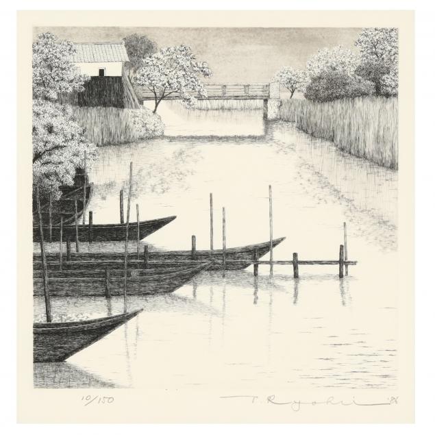 tanaka-ryohei-japanese-1933-2019-etching-of-boats-along-a-river